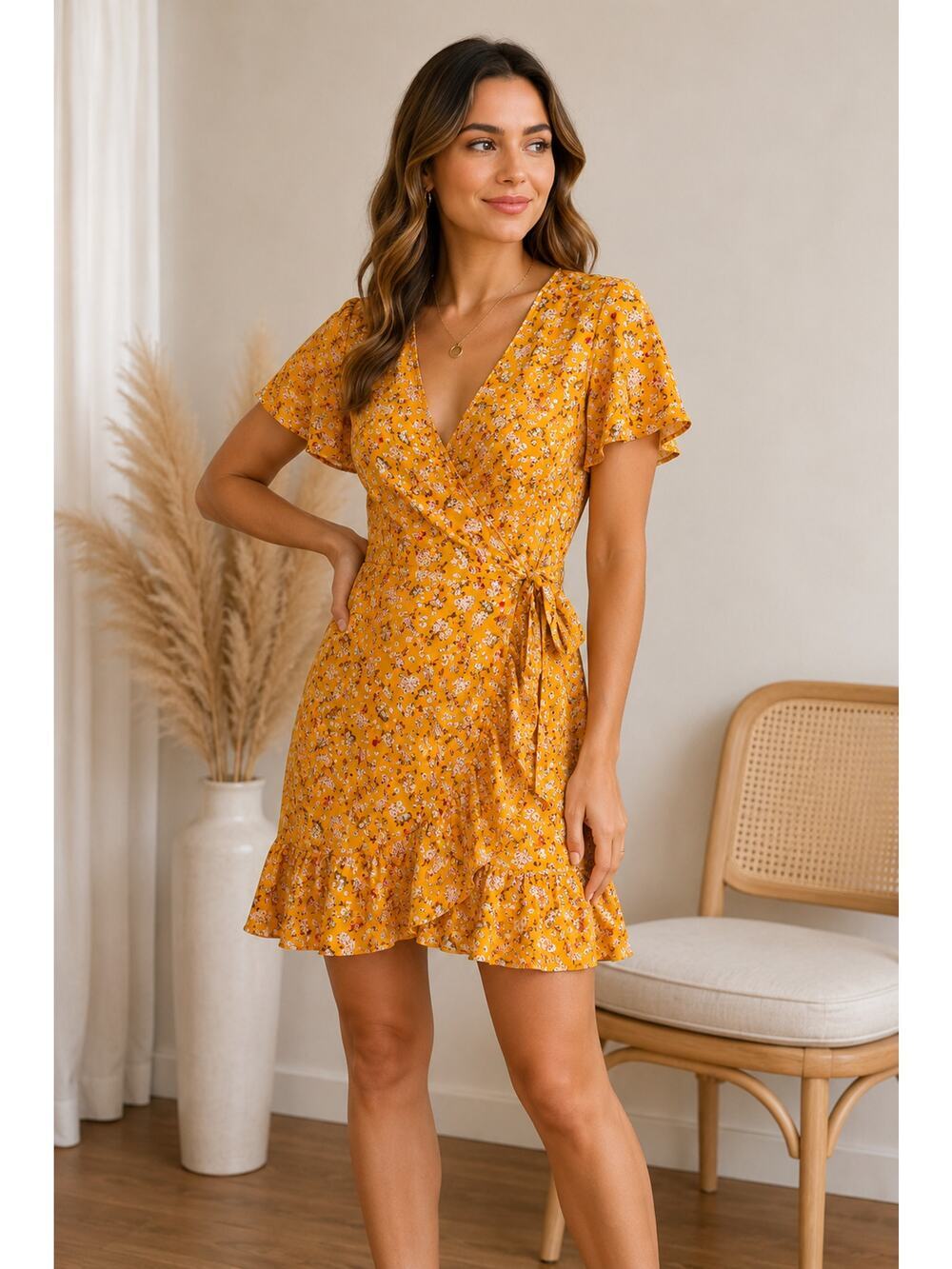NWT Yellow Floral Wrap Dress Ruffle Hem Short Sleeve Size S